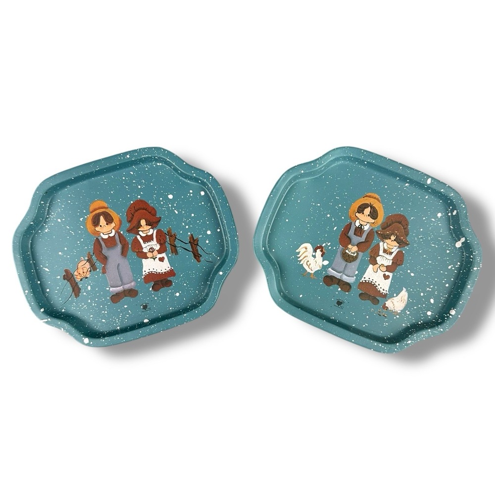 Vintage 1987 Tender Heart Treasures Farmhouse Trays Set Of 2 Country Folk Art